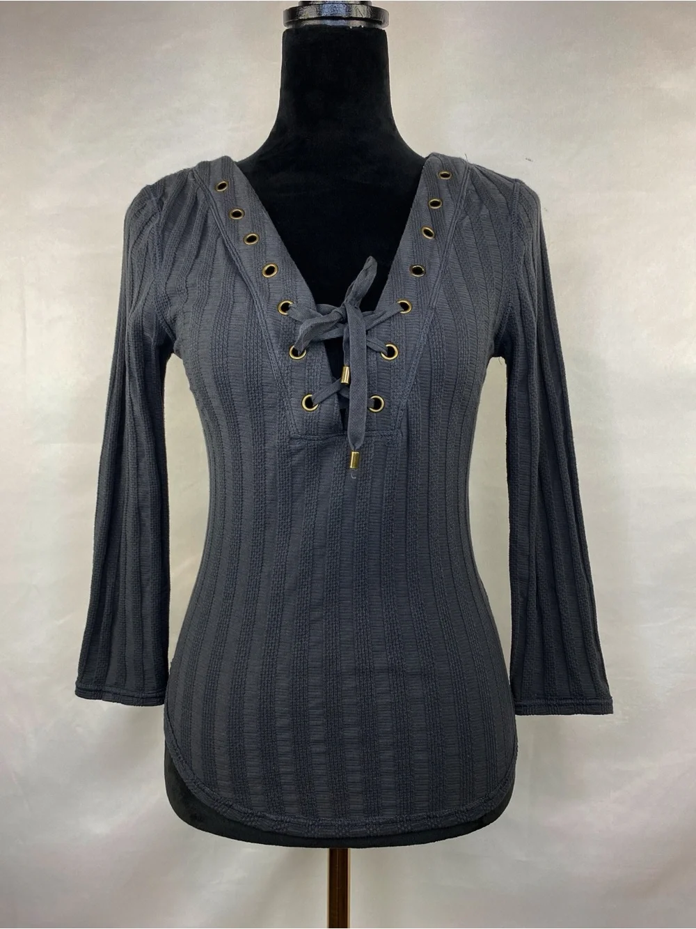Free People Charcoal Black Ribbed Grommet Lace Up V-Neck 3/4 Sleeve Top Medium